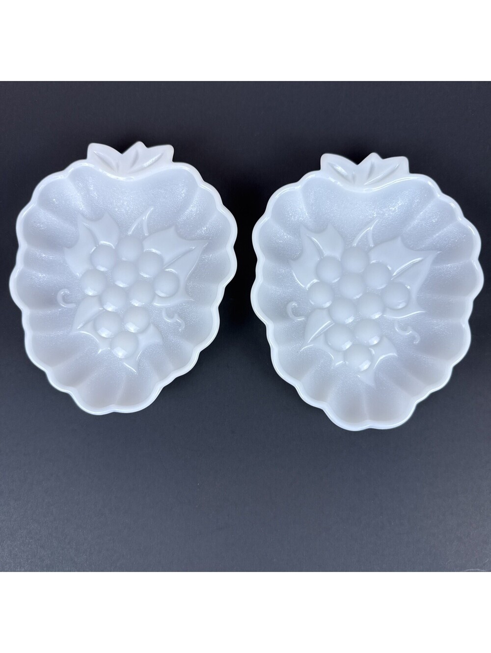 Vintage Hazel Atlas Milk Glass Grape Cluster Shaped Candy Trinket Dish Pair 2